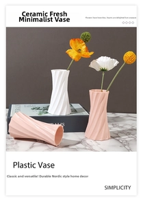 Macro detail of modern spiral twist plastic vases in white and soft pink for home decor