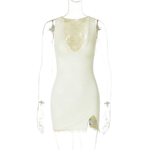 Detail of floral lace texture on a slim fit cream V-neck sleeveless dress with side slit