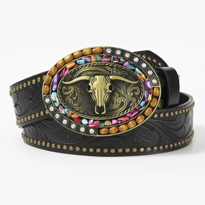 Bohemian leather belt featuring vintage bronze bull skull buckle with colorful stone inlay