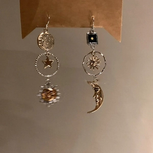 Vintage Asymmetric Celestial Sun Moon Star Dangle Earrings With 925 Sterling Silver Earring Post Mixed Metal Jewelry