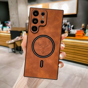Brown faux leather case for Samsung S23 Ultra with magnetic deer pattern and camera cutouts