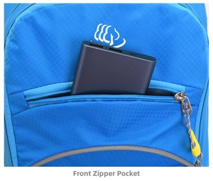 Close-up of front zipper pocket on blue outdoor backpack showing storage functionality