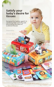 Detail view of baby sensory tissue box toy with soft educational cloth books for early learning