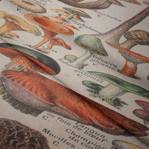 Close-up of bohemian tapestry showing vintage mushroom illustrations and linen fabric texture
