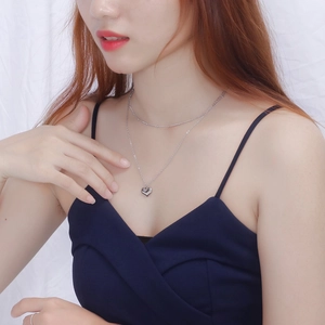 Collier double rang argenté avec pendentif cœur et chaîne à billes pour femme