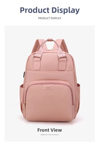 Front view of pink waterproof nylon mummy backpack with functional side pockets