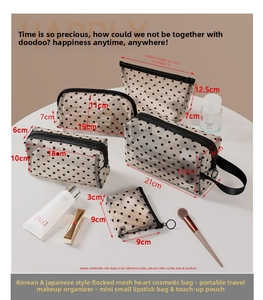 Detailed set of five mesh makeup bags with flocked heart patterns and size specifications