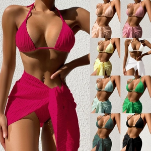 Damen Bikini Top Und Hose Und Wickelrock Halfter Rückenfrei Unifarben Texturiert Gerippt Ösen Bademode
