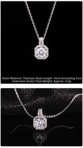 Macro detail of perfume bottle crystal necklace with dimensions and polished chain texture
