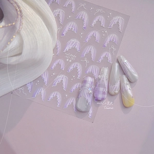 Japanese style lace and bow nail art stickers with purple pleated edge design