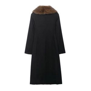 Women's long wool coat in black with elegant brown faux fur collar from a back view aspect