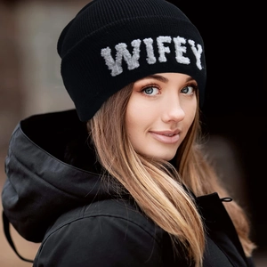 Classic black knit beanie with white WIFEY embroidery and folded brim for winter warmth