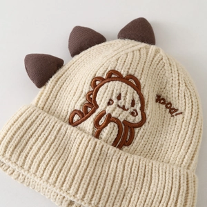 Ensemble bonnet et écharpe d'hiver pour enfants avec broderie dinosaure beige et cornes