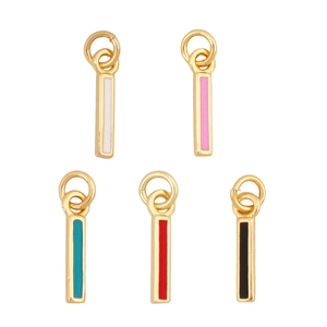 Detail of five colorful enamel striped rectangular pendants with gold metal base