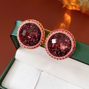 Round Vintage Stud Earrings With Purple Resin Gold Flakes Alloy Rhinestone And Silver Earring Post For Women Fashion