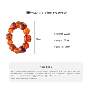 Détails du bracelet en perles acryliques ambre avec poids 35,9g et taille 22x1,5cm