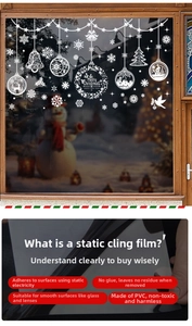Detail of white Christmas snowflake window decals showing static cling PVC material