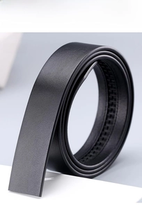 Close-up of elegant black leather belt strap with detailed texture and track rail