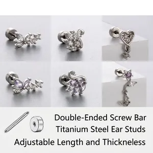 Butterfly Swan Heart Ear Cartilage Studs Titanium Steel Zircon Piercing Earrings Screw Back Flat Back For Women