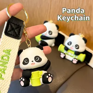 Cute 3D resin panda keychain with green bamboo and woven strap for bags and keys