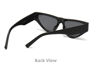 Detail view of black cat eye sunglasses showing frame thickness and temple serial code
