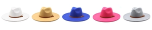 Detail view of large brim fedora hats in five colors with stylish brown leather bands