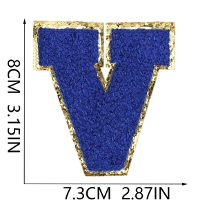 Detail view of royal blue chenille letter V patch with gold sequins and size dimensions