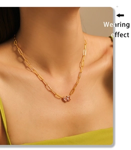 Wearing effect of 18k gold plated necklace with pink heart-shaped zircon pendants