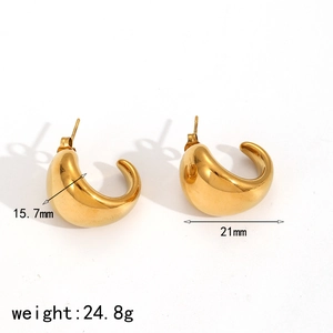 Polished 18k gold plated stainless steel chunky C-shaped drop earrings for women