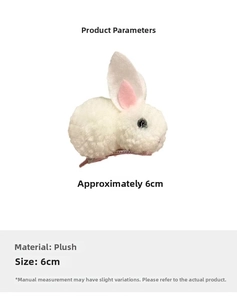 Detail showing plush white rabbit hair clip with size dimensions of approximately 6cm