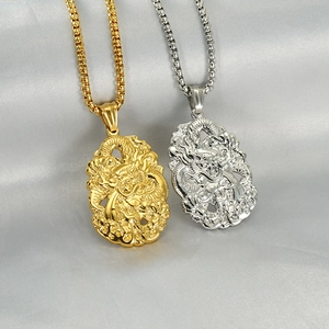 Collier Pendentif Relief Dragon Vintage En Acier Inoxydable Plaqué Or 18K Bijoux De Style Ethnique Pour Hommes Et Femmes
