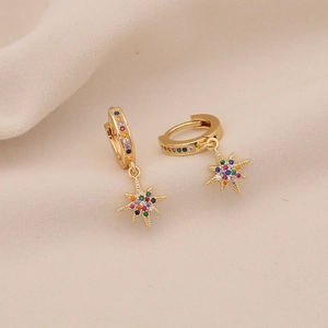 Detail of gold-plated hoop earrings with multicolor micro-set zircon star charms
