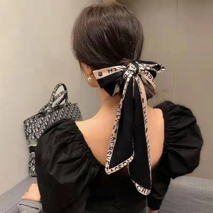 French style black and white ribbon hair tie with chic alphabet print in silky satin