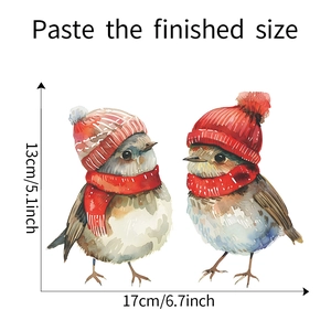 Close-up of watercolor Christmas birds window stickers with 17x13cm size specifications