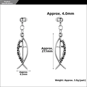 Detailed view showing dimensions of silver titanium steel Jesus fish cross earrings