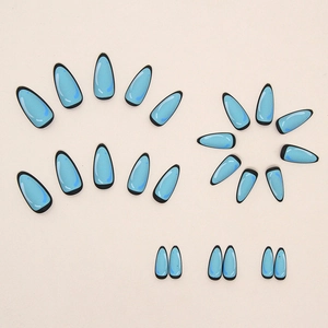 Cartoon style blue almond press-on nails with bold black outlines in pop art design