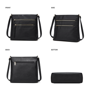 Four-angle view of black PU leather tote showing zippers, side and bottom construction