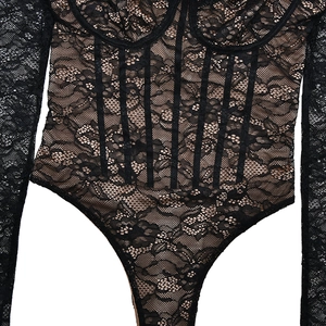 Detail shot of black lace bodysuit featuring corset style lines and sheer mesh texture