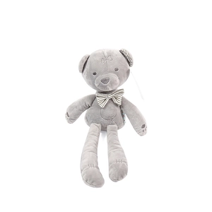 Detailed view of grey plush teddy bear with a striped bowtie and long soft limbs