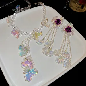 Iridescent Acrylic Flower Necklace And Earrings With 925 Sterling Silver Earring Post Glass Beads Elegant Jewelry