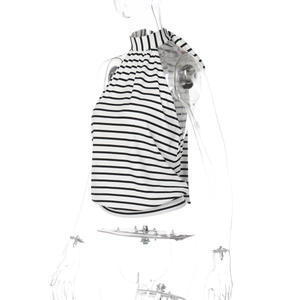 Detail view of black and white striped halter neck knit top with back tie on a mannequin