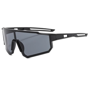 Matte black sports cycling sunglasses with wide grey lens and ventilated hollow frame
