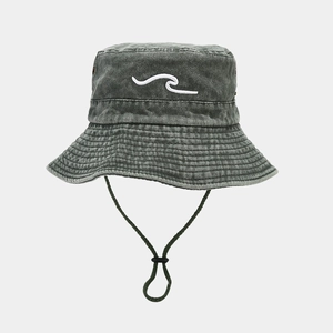Detail of olive green washed cotton bucket hat with white wave embroidery and windproof cord