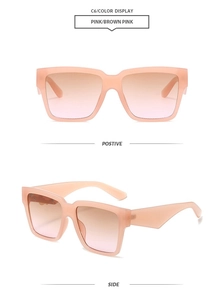 Macro view of pink oversized square sunglasses showing front and side profile angles