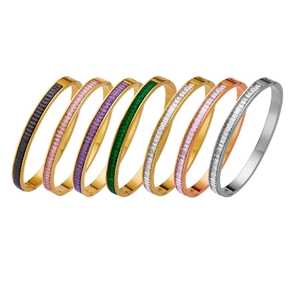 Titanium steel bangles with colorful rectangular zircons in gold, silver and rose gold
