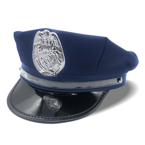 Dark blue police uniform hat with silver badge and glossy black visor for costumes