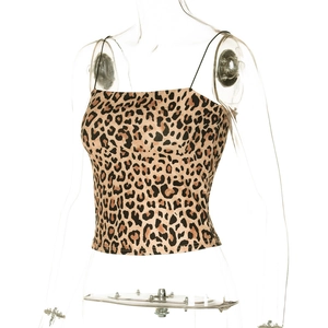 Detail of leopard print crop top featuring thin straps and slim fit design on white background