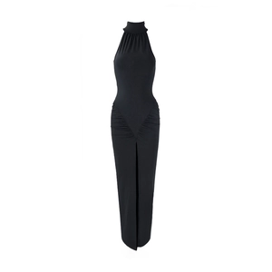 Detail view of black bodycon dress featuring elegant high neck and side waist ruched pleats