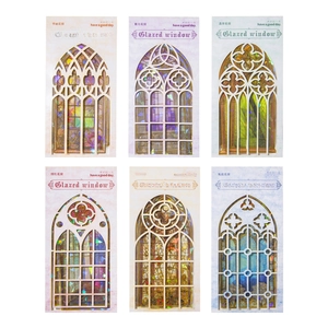Set of 6 Gothic stained glass PET stickers with colorful holographic laser effects