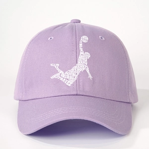 Lavender baseball cap featuring a basketball dunk silhouette made of printed sports terms